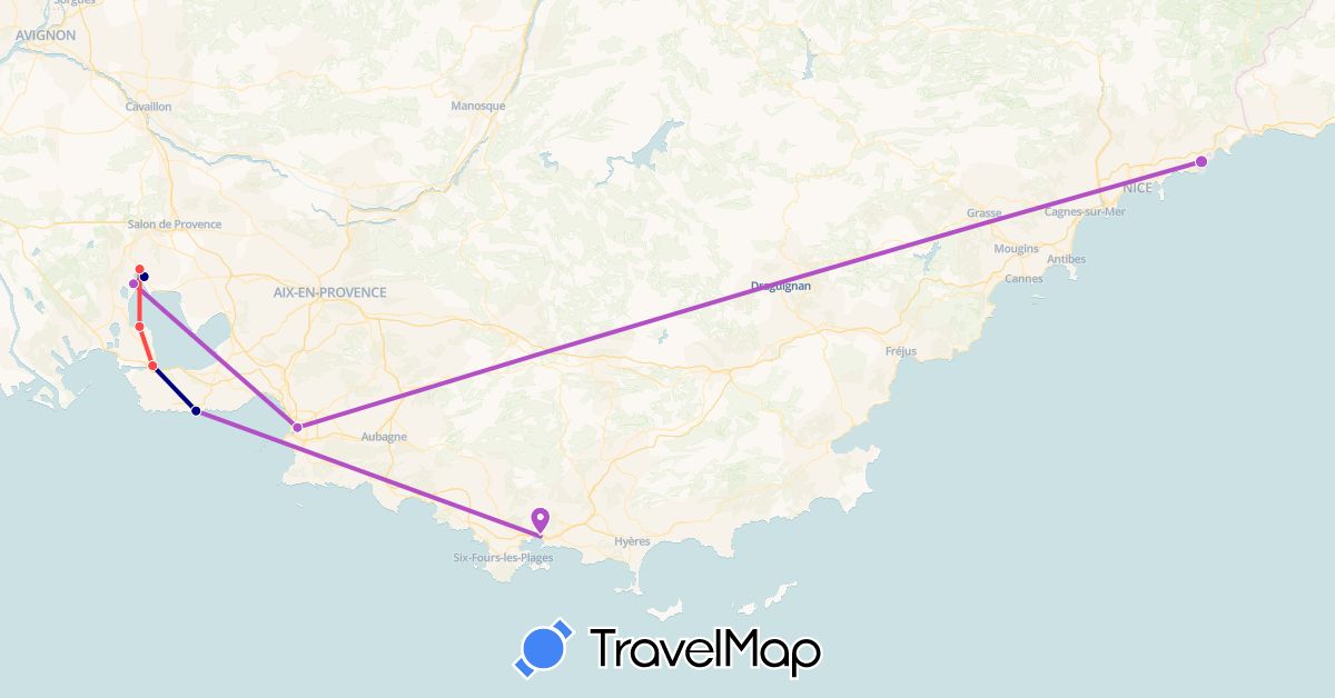 TravelMap itinerary: driving, train, hiking in France, Monaco (Europe)